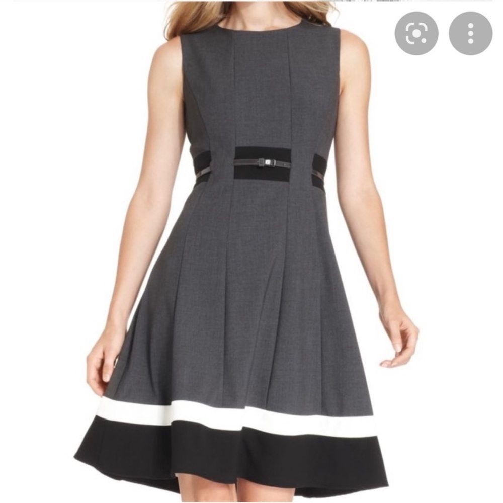 Calvin Klein Gray Sleeveless Belted Fit & Flare Striped Dress